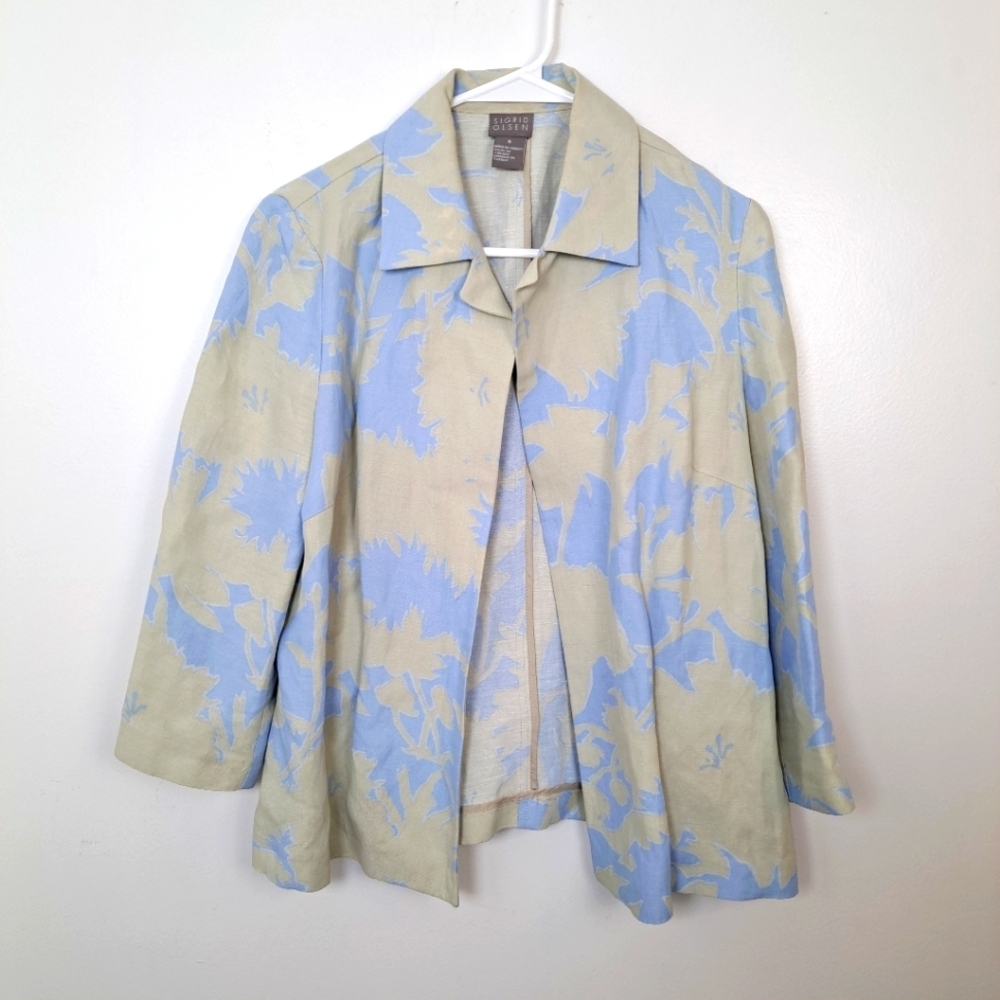 Sigrid Olsen Beige Blue Linen Blend Coastal Resort Blazer Jacket Cardigan Size 8